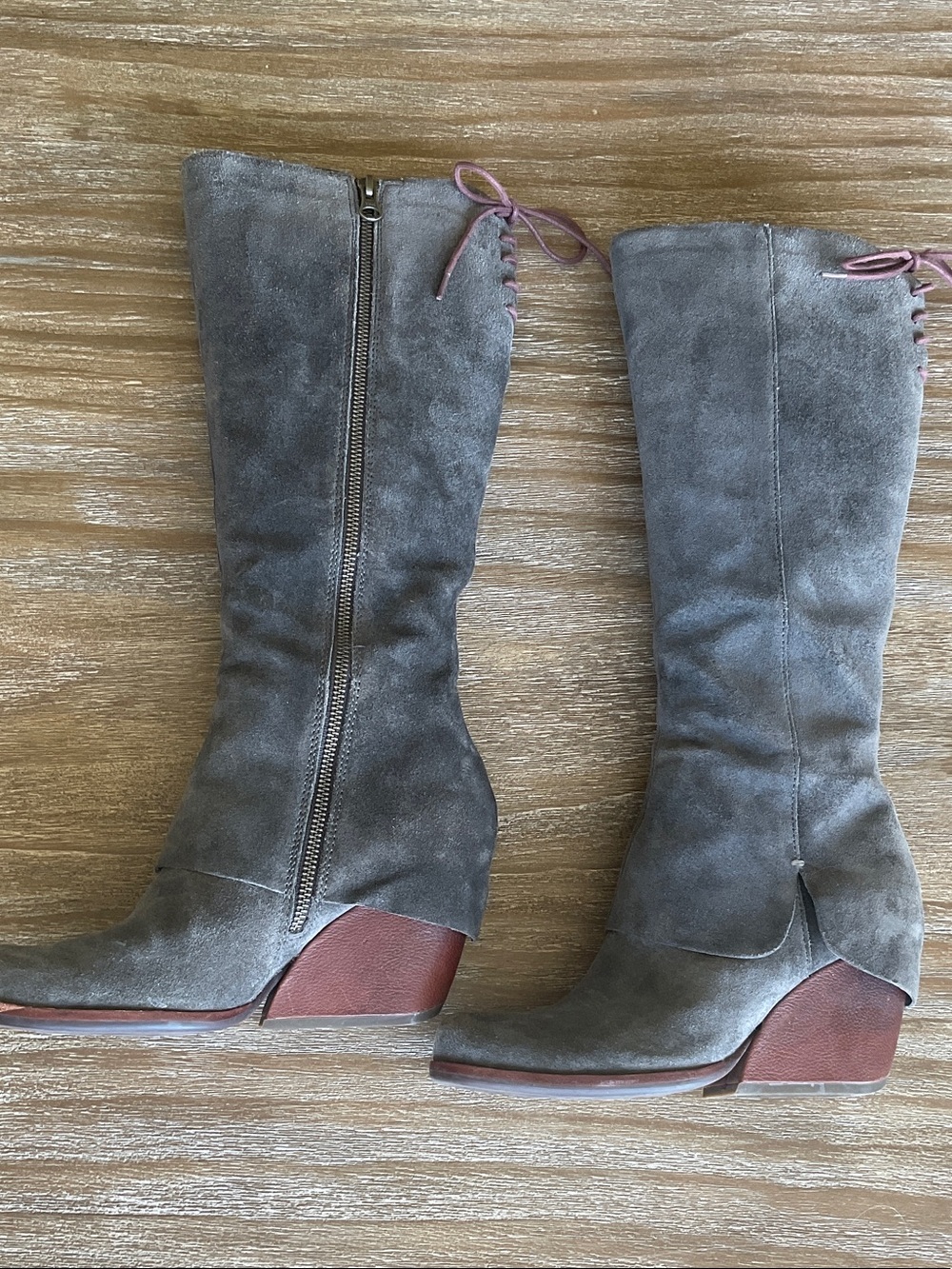 Kork-Ease Grey Suede Mid-Calf Wedge Boots with Pink Lace Accent